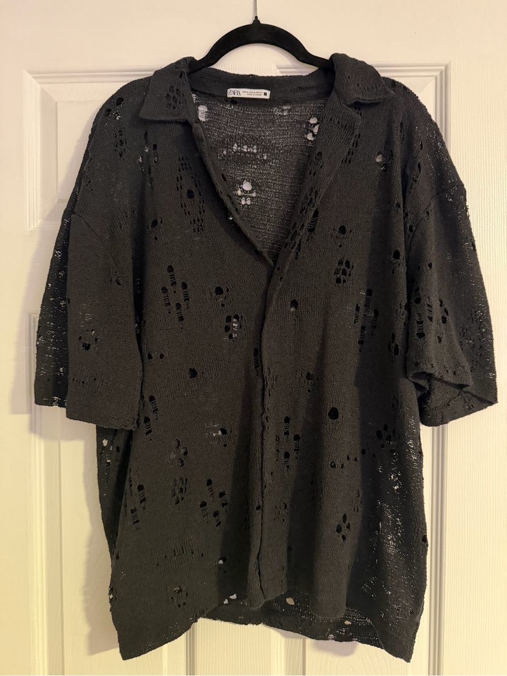 Zara Black Distressed Button-Down Knit Shirt